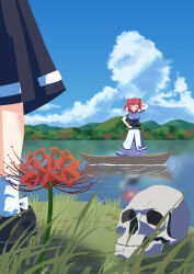  2girls absurdres arm_behind_head black_shoes blue_kimono blue_sky boat closed_eyes clouds commentary_request day dress flower flying_sweatdrops gasubanana grass hand_on_own_head hand_on_own_hip highres hill japanese_clothes kimono long_dress multiple_girls obi on_boat onozuka_komachi open_mouth out_of_frame outdoors puffy_short_sleeves puffy_sleeves red_hair reflection ripples sash shiki_eiki shoes short_sleeves short_twintails skirt skull sky smile socks spider_lily standing touhou twintails watercraft white_socks wide_shot 