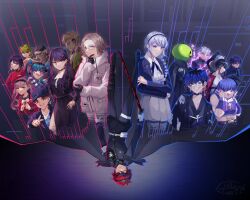  abstract_background absurdres amemiya_darumi aotsuki_eito blue_theme braid cast commentary composition contrast dark_background digital_interface english_commentary ensemble eva_(hundred_line) ginzaki_shouma glasses glowing group_picture headphones highres holding holding_sword holding_weapon inverted jacket kawana_tsubasa key_visual kirifuji_nozomi last_defense_academy_school_uniform lines long_hair looking_at_viewer magadori_kyoshika maruko_gaku mojiro_moko multiple_boys multiple_girls necktie neon_lights official_art omokage_yugamu oosuzuki_kurara promotional_art red_hair red_theme school_uniform serious shion_(hundred_line) shizuhara_hiruko short_hair split standing suit suitan sumino_takumi sword symmetry the_hundred_line_-last_defense_academy- tomato_mask tsukumo_ima tsukumo_kako upside-down weapon white_hair yakushiji_takemaru 