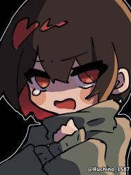  1other androgynous artist_name black_background blush blush_stickers bob_cut chara_(undertale) chibi chibi_only clenched_hand close-up colored_inner_hair commentary embarrassed eyelashes furrowed_brow green_sweater hair_between_eyes hands_on_own_chest highres long_sleeves looking_at_viewer multicolored_hair no_pupils open_mouth outline own_hands_together portrait red_eyes red_hair red_streaks ruchino_1587 shaded_face short_hair simple_background sleeves_past_wrists streaked_hair sweater tearing_up turtleneck turtleneck_sweater twitter_username two-tone_hair undertale unhappy upturned_eyes utdr_(toby_fox) v-shaped_eyebrows w_arms white_outline 