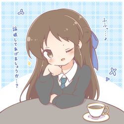  1girl ;d black_cardigan blue_bow blue_necktie blush bow brown_eyes brown_hair cardigan collared_shirt commentary_request cup diagonal-striped_clothes diagonal-striped_necktie hair_bow hand_up head_tilt idolmaster idolmaster_cinderella_girls long_hair long_sleeves looking_at_viewer mitarashi_neko necktie one_eye_closed plaid_background puffy_long_sleeves puffy_sleeves saucer shirt smile solo sparkle striped_clothes striped_necktie table tachibana_arisu translation_request upper_body very_long_hair white_shirt 