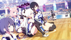 1boy 6+girls absurdres ahoge alternate_hairstyle animal_ear_fluff animal_ears black_buruma black_hair black_halo black_shorts black_thighhighs blue_archive blue_eyes blue_halo blunt_bangs blurry bottle braid braided_bun buruma colored_inner_hair commentary_request crossed_arms demon_girl demon_horns demon_wings depth_of_field drinking fox_ears fox_girl gehenna_academy_logo general_student_council_logo glasses green_halo grey_hair hair_between_eyes hair_bun halo height_difference highres hina_(blue_archive) horns indian_style indoors jersey kaya_(blue_archive) knee_pads long_hair long_sleeves looking_afar looking_at_another makoto_(blue_archive) multicolored_hair multicolored_halo multiple_girls niko_(blue_archive) parted_bangs pink_hair plastic_bottle pointy_ears ponytail referee rin_(blue_archive) saki_(blue_archive) school_gym sensei_(blue_archive) shirt short_shorts shorts sidelocks sitting sleeveless sleeveless_shirt sportswear sweat thigh-highs thinking towel towel_around_neck treeplanting two-tone_hair two-tone_halo violet_eyes volleyball_uniform wariza water_bottle wavy_hair white_hair white_shirt wings wiping_sweat wooden_floor 