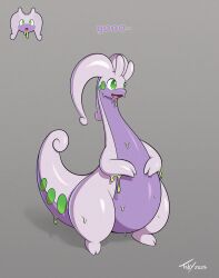  2025 colored_skin goodra green_eyes grey_background highres multicolored_skin no_humans open_mouth pokemon pokemon_(creature) purple_skin signature simple_background slime_(substance) solo tail toby_art two-tone_skin 
