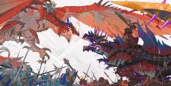  1girl 6+others absurdres aqua_sclera armor armored_animal army back_spikes bascinet battle battle_standard bevor black_armor black_gloves blue_horns breastplate breath_weapon breathing_fire brown_hair burgonet cape checkered_print chest_guard coat_of_arms colored_sclera digitigrade dragon dragon_wings fire flag flanged_mace flying fur_trim gambeson gauntlets glavenus gloves gorget green_eyes gunlance halberd hammer helm helmet heraldry highres holding holding_polearm holding_reins holding_shield holding_sword holding_weapon hood hood_up horns hounskull huge_weapon knife knight lance leg_armor long_hair long_sword mace monster monster_hunter_(series) monster_hunter_stories_3:_twisted_reflection multiple_others nslacka ootachi open_mouth orange_tail pauldrons plate_armor plume polearm poleyn princess_(monster_hunter_stories_3:_twisted_reflection) purple_scales rathalos red_scales reins rerebrace riding riding_animal roaring rondel saddle sharp_tail sharp_teeth shield shoulder_armor slit_pupils spear spikes stirrups_(riding) surcoat sword tail talons teeth thigh_strap throwing_knife visor_(armor) war war_flag war_hammer weapon weapon_in_garters white_background winged_helmet wings wyvern zweihander 