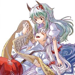  ex-keine face fujiwara_no_mokou hand_holding holding_hands kamishirasawa_keine laughing lying multiple_girls scroll tora_jun touhou 