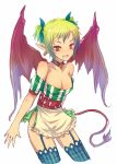  1girl bat_wings breasts cleavage color_(artist) copyright_request cropped_legs demon_girl demon_tail dress earrings fang garter_belt garter_straps garters green_hair jewelry kara_(color) no_panties pointy_ears red_eyes short_hair smile solo strapless_dress tail thighhighs tubetop vertical-striped_legwear vertical_stripes white_background wings 