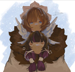  2girls anger_vein artist_name black_hair blue_background blue_eyes bonnet brown_hair closed_eyes closed_mouth coat columbina_(genshin_impact) commentary english_commentary eye_mask fatui_coat fur-trimmed_coat fur_trim genshin_impact hair_ornament hair_ribbon head_wings highres hug hug_from_behind kitsunetenma long_hair mask multicolored_hair multiple_girls multiple_wings purple_hair purple_streaks ribbon sandrone_(genshin_impact) short_hair_with_long_locks simple_background smile snowing streaked_hair two-tone_hair white_coat white_wings wing_hair_ornament wings winter yuri 
