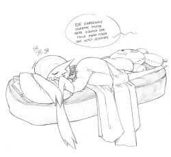  1girl artist_name bed bob_cut closed_eyes dress gardevoir hair_over_one_eye highres on_bed pillow pokemon pokemon_(creature) scarf signature simple_background sleeping spanish_text speech_bubble spinda stuffed_toy superiordutchsauce translation_request white_background zzz 