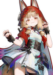  1girl absurdres animal_ear_fluff animal_ears arknights arknights:_endfield black_gloves blonde_hair brown_eyes cape chinese_commentary claw_pose closed_mouth commentary_request cowboy_shot dress ears_through_headwear fingerless_gloves gloves highres hood hood_up hooded_cape jewelry looking_at_viewer low-tied_sidelocks necklace pouch red_cape rossi_(arknights) sidelocks signature simple_background smile solo tail tooth_necklace welt_(kinsei_koutenkyoku) white_background white_dress wolf_ears wolf_girl wolf_tail 