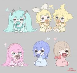 2boys 4girls aged_down aqua_eyes aqua_hair artist_request baby bib blonde_hair blue_eyes bow brown_eyes brown_hair grey_background hair_bow hair_ornament hairclip hatsune_miku heart kagamine_len kagamine_rin kaito kaito_(vocaloid) long_hair megurine_luka meiko meiko_(vocaloid) multiple_boys multiple_girls one_eye_closed onesie pacifier parallel_hairclips pink_hair short_hair siblings third-party_source twins twintails vocaloid white_bow