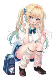  1girl absurdres aizawa_ema aqua_hair bag black_shoes blonde_hair blue_eyes blue_skirt cellphone clothes_around_waist commentary_request flip_phone gradient_hair gyaru_v highres holding holding_phone loafers long_hair looking_at_viewer loose_socks manyako_(mohumohu) multicolored_hair open_mouth phone school_bag school_uniform shirt shoes simple_background skirt smile socks solo squatting twintails v virtual_youtuber vspo! white_background white_shirt white_socks 