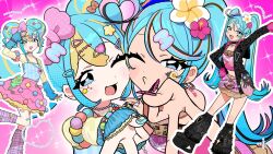  2girls :d agejo_gyaru ahoge animal_print arm_up arm_warmers bandaid bandaid_on_leg bead_bracelet bead_necklace beads belt black_boots black_jacket blonde_streaks blue_arm_warmers blue_camisole blue_eyes blue_hair blue_nails blush boots bow bracelet brown_skirt brown_streaks butterfly_print camisole cheek-to-cheek choker commentary_request decora dual_persona eurobeat flower frilled_skirt frills fur_boots gyaru gyaru_v hair_bow hair_flower hair_ornament hand_up hassan_(sink916) hatsune_miku heads_together heart heart_ahoge heart_hair_ornament heart_necklace heisei_retro hibiscus highres jacket jewelry leg_warmers leopard_print letter_hair_ornament long_sleeves love_para_(vocaloid) mcbling midriff multicolored_hair multiple_girls multiple_views nail_art nail_ornament navel necklace o3o official_art one_eye_closed open_clothes open_jacket outline pink_belt pink_bow pink_flower pink_nails pink_skirt pink_streaks pink_tube_top plaid_clothes plaid_leg_warmers plumeria polka_dot polka_dot_bow rhinestone shirt short_twintails skirt smile smiley_face sparkle standing standing_on_one_leg star-shaped_buckle star_(symbol) star_hair_ornament sticker sticker_on_face strapless streaked_hair tube_top twintails v virtual_pet_(toy) vocaloid white_flower white_outline y2k_fashion yellow_shirt 