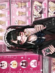  1girl bakery bear bird black_hair black_jacket blazer blue_bow blue_bowtie bow bowtie brown_eyes brown_vest cameo cellphone character_charm charm_(object) chicken commentary_request crepe display_case emoticon english_text fingernails food food_on_face glasses hairband hands_up hatsune_miku highres holding holding_crepe holding_food holding_phone jacket kaomoji lolita_hairband long_hair looking_at_viewer min_(mts2314) original outdoors panda parted_bangs phone price_tag rabbit red-framed_eyewear red_bow red_ribbon ribbon school_uniform shirt shop sideways sign smile solo tongue tongue_out upper_body vest vocaloid white_shirt 