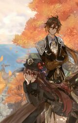 1boy 1girl architecture balcony black_hair black_hat black_nails brown_hair chinese_clothes commentary_request crossed_arms earrings east_asian_architecture eyeliner flower flower-shaped_pupils formal_clothes genshin_impact ginkgo_leaf hair_between_eyes hat hat_flower highres house hu_tao_(genshin_impact) jewelry leaf liyue_harbor long_hair long_sleeves looking_at_viewer low_ponytail makeup multiple_rings necktie ocean piyopiyo21562 plum_blossoms ponytail porkpie_hat red_eyes ring shorts signature single_earring sky smile symbol-shaped_pupils tailcoat tassel tassel_earrings tree twintails very_long_hair white_necktie yellow_eyes zhongli_(genshin_impact) 