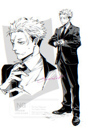  1boy adjusting_clothes adjusting_necktie aoi_(aoi68) closed_mouth collared_shirt commentary_request dress_shirt dress_shoes full_body greyscale highres itadori_yuji jacket jujutsu_kaisen jujutsu_kaisen_modulo male_focus monochrome necktie scar scar_on_face scar_on_forehead scar_on_mouth shirt short_hair simple_background solo standing suit_jacket suit_pants twitter_username watermark white_background 