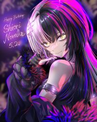  1girl arm_strap arm_warmers black_arm_warmers black_coat black_hair black_nails character_name closed_mouth coat dated fur-trimmed_coat fur_trim happy_birthday highres hololive hololive_english jewelry long_hair looking_at_viewer multicolored_hair ring shiori_novella shiori_novella_(1st_costume) shirt smile solo split-color_hair tcdtcd461651 two-tone_hair virtual_youtuber white_shirt yellow_eyes 