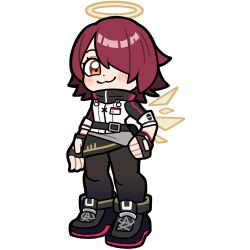  1girl :3 arknights arm_at_side bkub black_boots black_gloves black_pantyhose black_skirt blush boots chibi chibi_only detached_wings dot_nose energy_wings exusiai_(arknights) fingerless_gloves full_body gloves grey_skirt hair_over_one_eye halo hand_on_own_hip highres hood hood_down hooded_jacket jacket looking_at_viewer official_art orange_hair pantyhose red_hair short_hair skirt solo tachi-e third-party_source transparent_background wings yellow_halo yellow_wings 