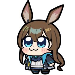  1girl :3 amiya_(arknights) animal_ears arknights bkub blue_eyes blue_skirt blush brown_hair chibi chibi_only dot_nose hair_between_eyes jacket long_hair low_ponytail official_art open_clothes open_jacket ponytail rabbit_ears rabbit_girl shirt skirt solo tachi-e third-party_source transparent_background white_shirt 