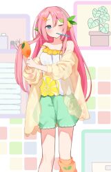  1girl blue_eyes blush brushing_hair camisole commentary_request feet_out_of_frame food-themed_hair_ornament food_print fruit_hair_ornament fruit_print green_shorts hair_between_eyes hair_brush hair_ornament headphones holding holding_hair_brush indoors jacket leg_warmers lemon_print long_hair looking_at_viewer mani_(manidrawings) megurine_luka off_shoulder one_eye_closed orange_leg_warmers pink_hair plant potted_plant puffy_short_sleeves puffy_sleeves roomwear_megurine_luka_design_contest see-through_clothes see-through_jacket short_sleeves shorts single_leg_warmer solo straight_hair strap_slip toothbrush toothbrush_in_mouth vocaloid white_camisole yellow_jacket 