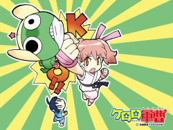  alien black_eyes black_hair brown_eyes copyright_name dougi fingerless_gloves frog full_body gloves green_background hachimaki hat headband hinata_fuyuki hinata_natsumi keroro keroro_gunsou long_hair official_art official_wallpaper parody pink_hair short_hair simple_background star_(symbol) street_fighter yellow_background yoshizaki_mine 