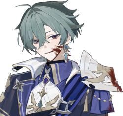  1boy ahoge armor belt belt_collar black_belt blood blood_on_armor blood_on_clothes blood_on_face blue_shirt blush choker coat collar collared_shirt earrings genshin_impact green_hair hair_between_eyes half-closed_eyes highres jewelry licking_blood light_blush lohen_(genshin_impact) long_sleeves looking_at_viewer male_focus mole mole_under_eye multicolored_eyes mumu_003 shirt short_hair shoulder_armor single_earring smile tongue white_background 