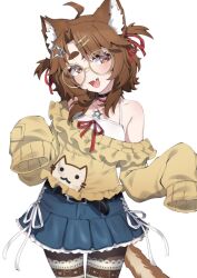  1girl :d absurdres ahoge animal_ears armpit_crease bead_necklace beads belt black_belt black_choker brown_eyes brown_hair cat_ears cat_girl choker collarbone commentary cowboy_shot denim denim_skirt fang frilled_skirt frilled_sweater frills hair_ornament hairpin halterneck highres indie_virtual_youtuber jewelry miaelou miniskirt necklace off-shoulder_sweater off_shoulder pantyhose pleated_skirt print_pantyhose print_sweater ribbon round_eyewear short_hair sidelocks skin_fang skirt sleeves_past_wrists smile star_(symbol) star_hair_ornament star_necklace sweater swept_bangs tank_top tareme thick_eyebrows two_side_up untranslatable_commentary valefal_coneri virtual_youtuber white_background white_ribbon white_tank_top yellow-framed_eyewear yellow_sweater 
