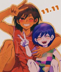  2boys :d ;d ^_^ arm_up brown_eyes brown_hair checkered_clothes checkered_shirt closed_eyes colored_skin commentary_request dual_persona grin hair_behind_ear hair_between_eyes highres kel_(faraway)_(omori) kel_(headspace)_(omori) kel_(omori) knees_up leg_hair looking_at_viewer ma_e_zo male_focus multiple_boys omori one_eye_closed open_mouth orange_outline orange_shorts orange_tank_top outline shirt short_hair shorts sitting smile tan tank_top teeth upper_teeth_only v white_background white_skin white_trim 
