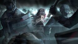  1girl 6+boys animal_ears aqua_eyes arknights artist_request baton_(weapon) bear_ears bear_girl brown_hair game_asset goggles hands_on_own_head hat helmet highres holding holding_shield holding_weapon long_hair looking_at_viewer looking_back masked multicolored_hair multiple_boys official_art open_mouth red_streaks shield streaked_hair teeth third-party_source turning_head upper_teeth_only weapon zima_(arknights) zima_the_raging_tide_(arknights) 