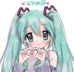 1girl 2000s_(style) aqua_eyes aqua_hair aqua_trim armpit_crease bare_shoulders black_shirt black_sleeves closed_mouth commentary detached_sleeves dot_nose double-parted_bangs four-finger_heart_hands hatsune_miku heart heart_hands kigidere long_hair long_sleeves looking_at_viewer miku_day portrait shirt simple_background sleeveless sleeveless_shirt smile solo split_mouth translation_request twintails vocaloid white_background wide_sleeves 