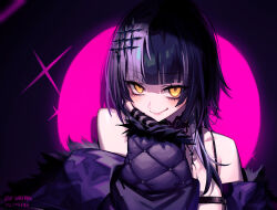  1girl absurdres adarin black_choker black_hair black_jacket blunt_bangs choker closed_mouth commentary dated english_commentary fur-trimmed_jacket fur_trim grey_hair hair_ornament hand_up highres hololive hololive_english jacket long_hair looking_at_viewer multicolored_hair off_shoulder shiori_novella smile solo split-color_hair upper_body virtual_youtuber yellow_eyes 