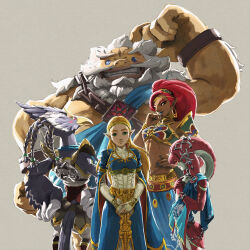  2boys 3girls absurdres arm_at_side arm_fins arm_up armor backlighting beak beard bird_boy bird_tail blonde_hair blue_shirt body_fur boobplate bracelet braid breastplate breasts chain circlet closed_mouth cropped_shirt daruk earrings elbow_gloves facial_hair facial_mark feathered_wings fingerless_gloves fins fish_girl forehead forehead_mark from_behind gerudo gloves gold_trim goron grey_background grin hand_on_own_chin hand_on_own_hip hands_on_own_chest hands_on_own_hips hands_up happy head_fins headpiece highres hoop_earrings incredibly_absurdres jewelry long_hair long_sleeves looking_at_viewer looking_back medium_hair midriff mipha multiple_boys multiple_girls mustache neck_ring necklace official_art own_hands_together pants pointy_ears ponytail pouch princess_zelda profile quad_braids quad_tails revali rito scratching_head shirt shirt_tucked_in shoulder_armor simple_background skirt small_breasts smile standing stroking_own_chin tail takumi_wada teeth the_legend_of_zelda the_legend_of_zelda:_breath_of_the_wild third-party_source undershirt urbosa white_gloves wide_sleeves winged_arms wings zora 
