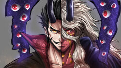  1otakuds 2boys absurdres black_hair black_horns body_markings closed_mouth collarbone colored_skin commentary_request cropped_shoulders demon_boy demon_horns disembodied_eye dracule_mihawk facial_hair goatee grey_background high_collar highres horns long_hair long_sideburns looking_at_viewer male_focus multicolored_skin multiple_boys mustache nerona_imu one_piece portuguese_commentary purple_horns red_eyes red_skin short_hair sideburns simple_background white_hair yellow_eyes yellow_skin 