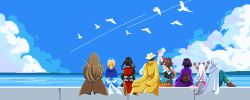  4boys 4girls agnea_bristarni animal_ears app_filter arms_up black_hair black_sash blonde_hair blue_sky braid braided_ponytail brown_coat brown_corset brown_hair brown_shoes cape castti_florenz cat_ears clouds coat commentary_request corset dark-skinned_female dark_skin dog_tail dress facing_away from_behind fuwarenren green_robe hair_bun hat high_ponytail hikari_ku horizon jacket jacket_on_shoulders long_hair multiple_boys multiple_girls nurse nurse_cap ochette_(octopath_traveler) octopath_traveler octopath_traveler_ii osvald_v._vanstein partitio_yellowil ponytail purple_dress red_tabard robe sash shoes short_hair simple_bird single_hair_bun sitting sky tabard tail temenos_mistral throne_anguis v white_cape white_hair white_hat yellow_jacket 