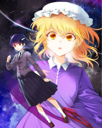  2girls black_cardigan black_hair black_necktie black_skirt blonde_hair bow brown_shoes cardigan character_name collared_dress collared_shirt comet contrast_collar cover cover_page dress hair_bow hat kaito_(kaixm) long_hair long_sleeves maribel_hearn missing_headwear mob_cap multiple_girls necktie open_mouth orange_eyes purple_dress red_ribbon ribbon shirt shoes short_hair skirt sky socks star_(sky) starry_sky teeth textless_version touhou upper_teeth_only usami_renko white_bow white_hat white_shirt white_socks yellow_eyes 