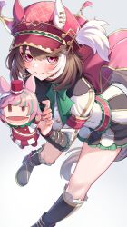  1girl absurdres animal_ears black_socks blush bow bowtie brown_hair closed_mouth commentary_request frilled_socks frills green_bow green_bowtie hand_puppet highres horse_ears horse_girl iam_(tetsu0ekaki) looking_at_viewer marche_lorraine_(umamusume) medium_hair multicolored_hair pink_eyes puppet socks solo standing standing_on_one_leg streaked_hair umamusume white_streaks 