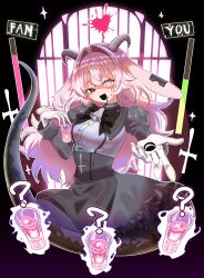  +_- 1girl absurdres alcohol animal_ears asymmetrical_horns backward-facing_horns bell black_bow black_bowtie black_mouth black_skirt black_sleeves bow bowtie colored_saliva commentary cross cup demon_girl demon_horns drinking_glass femme_soule fingernail_gloves goat_ears goat_horns grey_shirt hand_eye heart high-waist_skirt highres horns inverted_cross juliet_sleeves long_sleeves looking_at_viewer mismatched_horns neck_bell notched_ear omeme_mememe puffy_sleeves pukey_goddess_shot_trick shirt shot_glass skirt snake_tail tail 