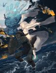  arrow battle clenched_teeth dark_clouds dragon dress dutch_angle fire fireball highres horizon knee_pads long_hair magic ocean ooba pixiv_fantasia pixiv_fantasia_5 shield sky sword tail tornado wading water waves weapon white_dress white_eyes white_hair 