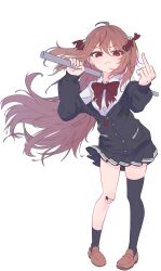  1girl absurdres ahoge arms_up asymmetrical_legwear badge bandaid bandaid_on_knee bandaid_on_leg black_cardigan black_skirt black_socks black_thighhighs blush_stickers broken_heart broken_heart_hair_ornament brown_shoes button_badge cardigan closed_mouth collared_shirt commentary dress_shirt enderslimek english_commentary evil_neuro-sama evil_neuro-sama_(1st_costume) floating_hair full_body hair_between_eyes hair_ornament heart heart_hair_ornament highres holding_tube light_blush loafers long_hair long_sleeves looking_at_viewer middle_finger miniskirt off-shoulder_cardigan pleated_skirt red_eyes shirt shoes simple_background single_sock single_thighhigh skirt skull_hair_ornament socks solo standing thigh-highs torn_hair_ribbon tube two_side_up uneven_legwear vedal_ai virtual_youtuber white_background white_shirt 