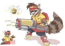  ! 1boy absurdres animal_ears burger commentary employee_uniform fangs fast_food_uniform food french_fries furry furry_male guardians_of_the_galaxy gun hand_on_own_hip hat highres holding holding_gun holding_plate holding_weapon looking_at_viewer looking_to_the_side male_focus marvel open_mouth plate raccoon_boy raccoon_ears raccoon_tail red_hat rocket_raccoon roller_skates sisijimakarashi skates solo tail visor_cap w weapon white_background 