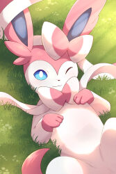  blue_eyes bright_pupils commentary_request grass highres looking_at_viewer lying no_humans on_back one_eye_closed pink_fur pokemon pokemon_(creature) rumine_(yoshi1234567) solo sylveon two-tone_fur white_fur white_pupils 