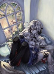  absurdres arlecchino_(genshin_impact) black_hands blue_jacket colored_extremities commentary_request furina_(genshin_impact) genshin_impact highres jacket mihoyo red_pupils shui_zhi_pingshi sleeping sleeping_on_person symbol-shaped_pupils white_hair x-shaped_pupils 