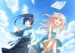  blue_eyes blue_hair brown_eyes cloud clouds dress earrings japanese_clothes jewelry kimono kunimoto_ori long_hair macross macross_frontier open_mouth paper_airplane saotome_alto sheryl_nome sky young 