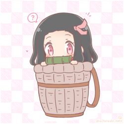  1girl ? bamboo bit_gag blush checkered_background commentary_request forehead gag hair_ribbon heart kamado_nezuko kimetsu_no_yaiba looking_at_viewer mitarashi_neko notice_lines pink_eyes pink_ribbon ribbon solo spoken_question_mark 
