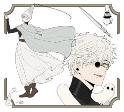  1boy belt black_belt black_boots black_eyes black_shirt blue_eyes boots brushbuddy cape commentary creature floating_cape from_side full_body glasses grey_cape grey_hat hat heart highres inset_border jyum_00 long_sleeves male_focus multiple_views open_mouth pince-nez qifrey_(tongari_boushi_no_atelier) robe shirt smile standing tongari_boushi_no_atelier white_background white_robe 