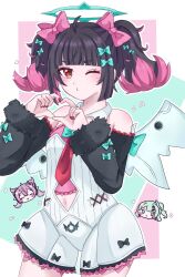  3girls angels_of_delusion aqua_streaks aria_(zenless_zone_zero) bare_shoulders black_hair blush border bow colored_inner_hair commentary dress four-finger_heart_hands green_background green_bow green_eyes green_hair hair_bow hair_ornament halo heart heart_hands highres kiss looking_at_viewer multicolored_hair multiple_girls multiple_hair_clips nangong_yu necktie one_eye_closed pink_background pink_hair red_nails red_necktie smile streaked_hair sunna_(zenless_zone_zero) tb5dw3 twintails untranslatable_commentary white_border white_wings wings zenless_zone_zero 