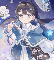  1girl arm_cutout bag bag_charm bare_shoulders beret black_hair blue_bow blue_capelet blue_eyes blue_hat blue_nails blue_overskirt bow bowtie brown_bag buttons capelet center-flap_bangs charm_(object) clothing_cutout collared_shirt commentary crescent crescent_earrings earrings eight-pointed_star eshi_100_nin_ten fingernails floating_hair four-pointed_star frilled_skirt frills gradient_sky hair_bow hair_ornament hat hat_bow highres hood hooded_capelet jewelry long_hair long_sleeves looking_at_viewer low_twintails multiple_hair_bows nail_polish original parted_lips plaid_bow plaid_hat puffy_long_sleeves puffy_sleeves sencha_(senta_10) shirt shoulder_bag six_pointed_star skirt sky sleeve_bow sleeveless sleeveless_shirt solo star_(sky) star_(symbol) star_hair_ornament starry_sky striped_bow striped_bowtie striped_clothes striped_skirt tareme twintails unworn_hat unworn_headwear upper_body white_bow white_bowtie white_shirt white_skirt 