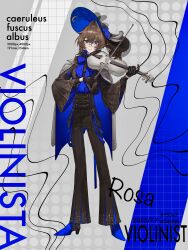  1girl absurdres black_gloves blue_eyes brown_hair commentary english_text full_body glasses gloves grey_eyes hat heterochromia highres holding instrument long_sleeves original ryoryo. violin wide_sleeves 