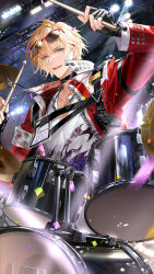  1boy :d aqua_eyes armband black_choker black_gloves blonde_hair chest_harness chinese_commentary choker collarbone commentary_request confetti drum drum_set drumsticks eyewear_on_head fingerless_gloves flame_print gloves hair_between_eyes harness high_collar highres holding holding_drumsticks instrument jacket jewelry lars_rorschach light_rays long_sleeves looking_at_viewer lovebrush_chronicles male_focus official_art open_clothes open_collar open_jacket pendant playing_drums playing_instrument pouch print_shirt red_jacket see-through_clothes shirt short_hair smile solo stage_lights star_(symbol) star_print sunglasses teeth truss upper_body watermark weibo_watermark white_armband white_shirt wing_collar yexing_fu zipper 