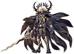  1boy absurdres armor armored_boots azuma_toh black_armor black_cape boots breastplate cape chainmail crown fate/grand_order fate_(series) full_body game_asset gauntlets highres holding holding_sword holding_weapon john_lackland_(fate) lion_mask looking_at_viewer male_focus official_art second-party_source solo standing sword tachi-e weapon 