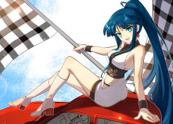  1girl :d aqua_eyes armpit_peek bell bell_earrings black_wrist_cuffs bloom blue_hair blue_sky blunt_bangs boots breasts chair checkered_flag clothing_cutout commentary earrings flag floral_print floral_print_sash hand_on_chair high_heel_boots high_heels high_ponytail highres holding holding_flag japanese_clothes jewelry kimono lens_flare long_hair long_sidelocks lounge_chair minato_hikaru on_chair pandemonic_planet_(wmzplanet) ponytail side_cutout sideboob sidelocks sitting sky small_breasts smile solo soukou_akki_muramasa untranslatable_commentary very_long_hair white_boots wrist_cuffs 