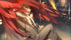  1boy akiyama_youkou background_request beard_stubble black_gloves blonde_hair boku_no_hero_academia crossed_legs diffraction_spikes eyewear_on_head facial_hair facial_mark feathered_wings feet_out_of_frame flying forked_eyebrows from_side fur-trimmed_jacket fur-trimmed_sleeves fur_trim gloves grey_pants hand_in_pocket hawks_(boku_no_hero_academia) highres jacket long_sleeves midair official_artist_extra pants profile red_wings shade short_hair sideways_mouth smile solo split_mouth stage_lights stubble tinted_eyewear triangle triangle_facial_mark tsurime wings yellow-tinted_eyewear yellow_eyes 
